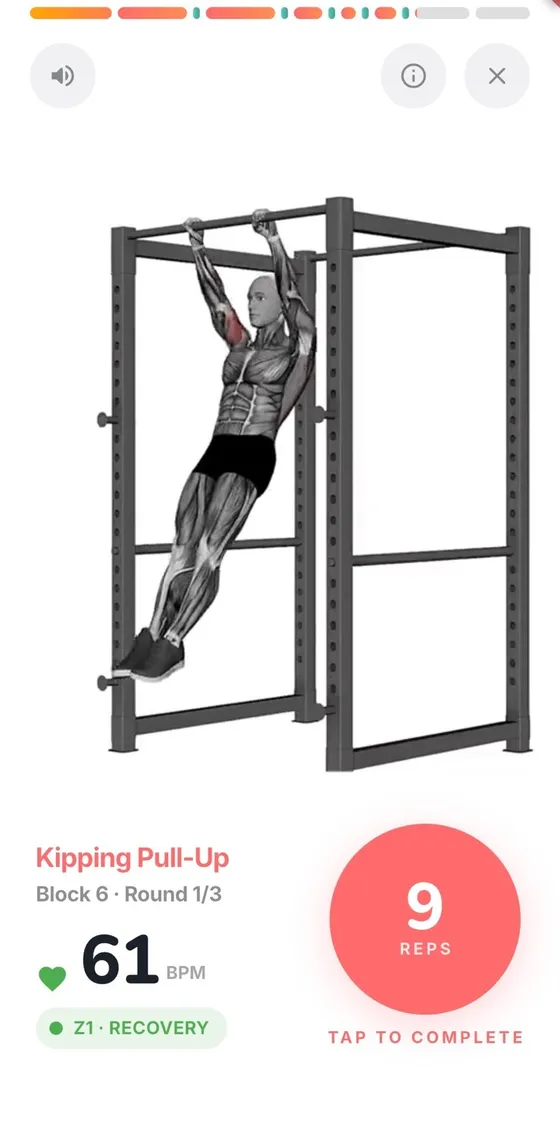 A rep-based exercise in progress: a Kipping Pull-Up demonstration, Block 6, Round 1 of 3, 61 beats per minute in Zone 1, and a large tap-to-complete target reading 9 reps.