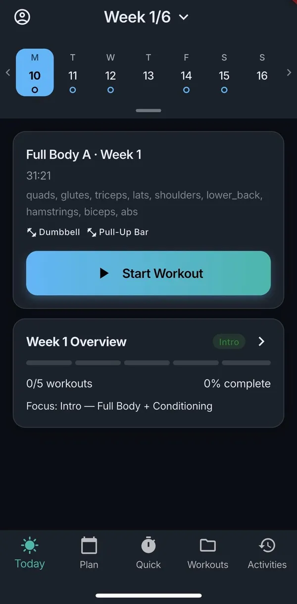 The Fitness Flow home screen, showing a week calendar and today's workout: Full Body A, Week 1, 31 minutes, with a Start Workout button.